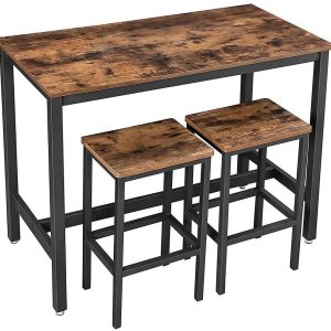 VASAGLE Bartisch mit 2 Hockern 40/120 x 65 cm/90 cm, Schwarz/Braun