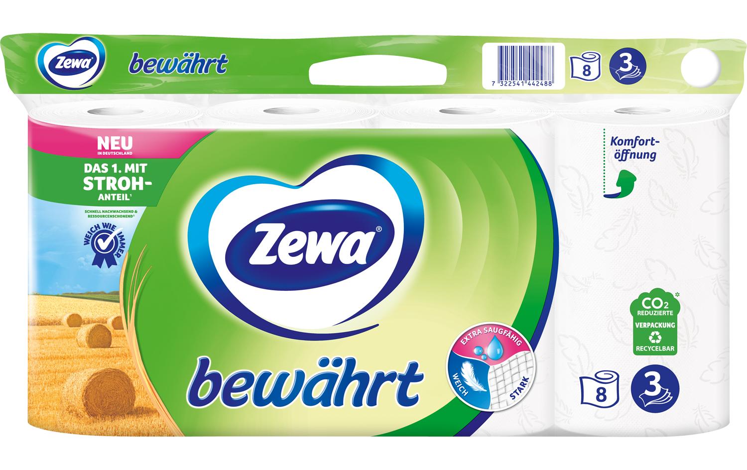 Zewa Toilettenpapier Bewährt mit Strohzellstoff weiss, 8 Rollen