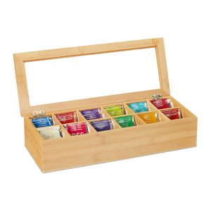 relaxdays Teebeutel-Box 12 Fächer, Hellbraun