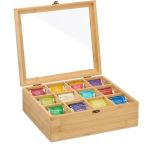 relaxdays Teebeutel-Box mit 12 Fächern, Hellbraun/Transparent