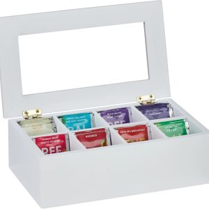 relaxdays Teebeutel-Box 8 Fächer, Transparent/Weiss