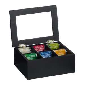 relaxdays Teebeutel-Box 6 Fächer, Schwarz/Transparent