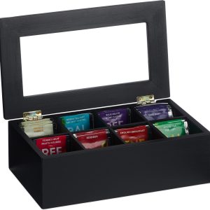 relaxdays Teebeutel-Box 8 Fächer, Transparent/Schwarz