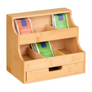 relaxdays Teebeutel-Box mit Schublade 9 Fächer