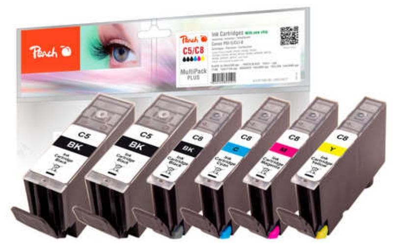 Peach Tinte für Canon GI-5 / CLI-8 2x BK, 1x PBK, 1x C, 1x M, 1x Y 2