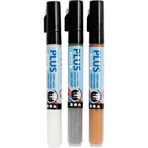 Creativ Company Acrylmarker Plus Color 1-2 mm 3er Set, Weiss/Silber/Gold