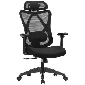 Songmics Bürostuhl mit Kopfstütze und Armlehnen, Schwarz