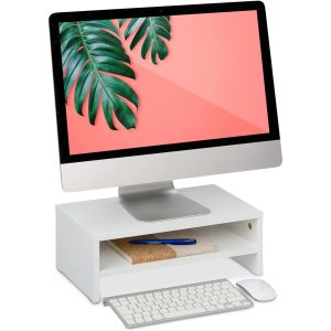 relaxdays Monitorständer mit Fach Weiss Weiss