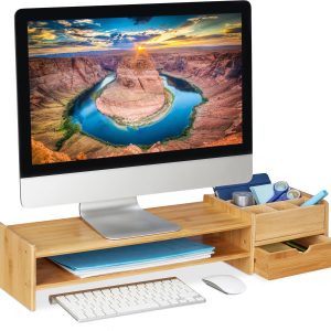 relaxdays Monitorständer mit Stauraum, 13 x 70 x 19 cm, Bambus