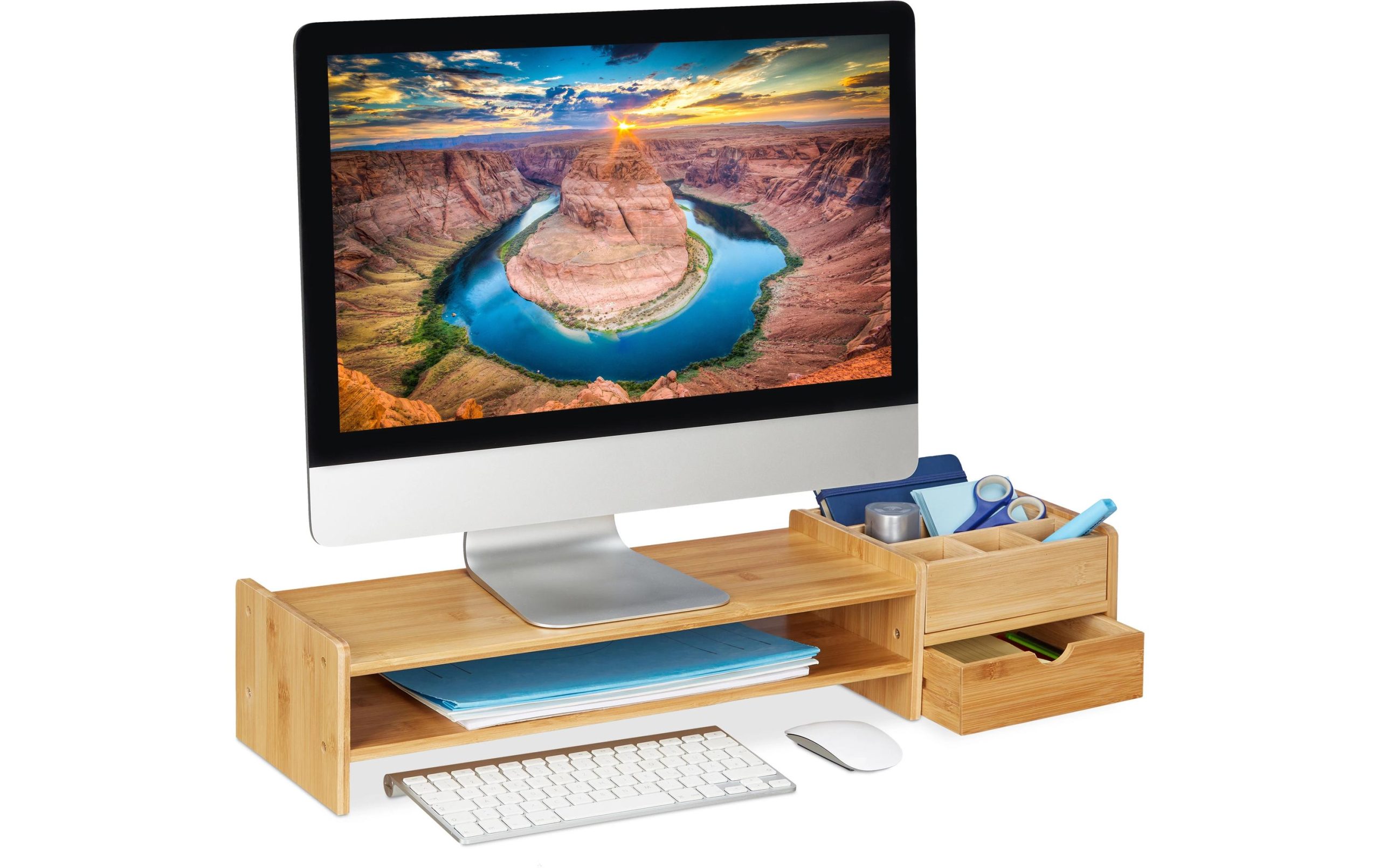 relaxdays Monitorständer mit Stauraum, 13 x 70 x 19 cm, Bambus 1 432893423 xxl3 scaled