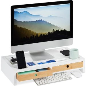 relaxdays Monitorständer XL, 11 x 58.5 x 32.5 cm, Weiss / Hellbraun
