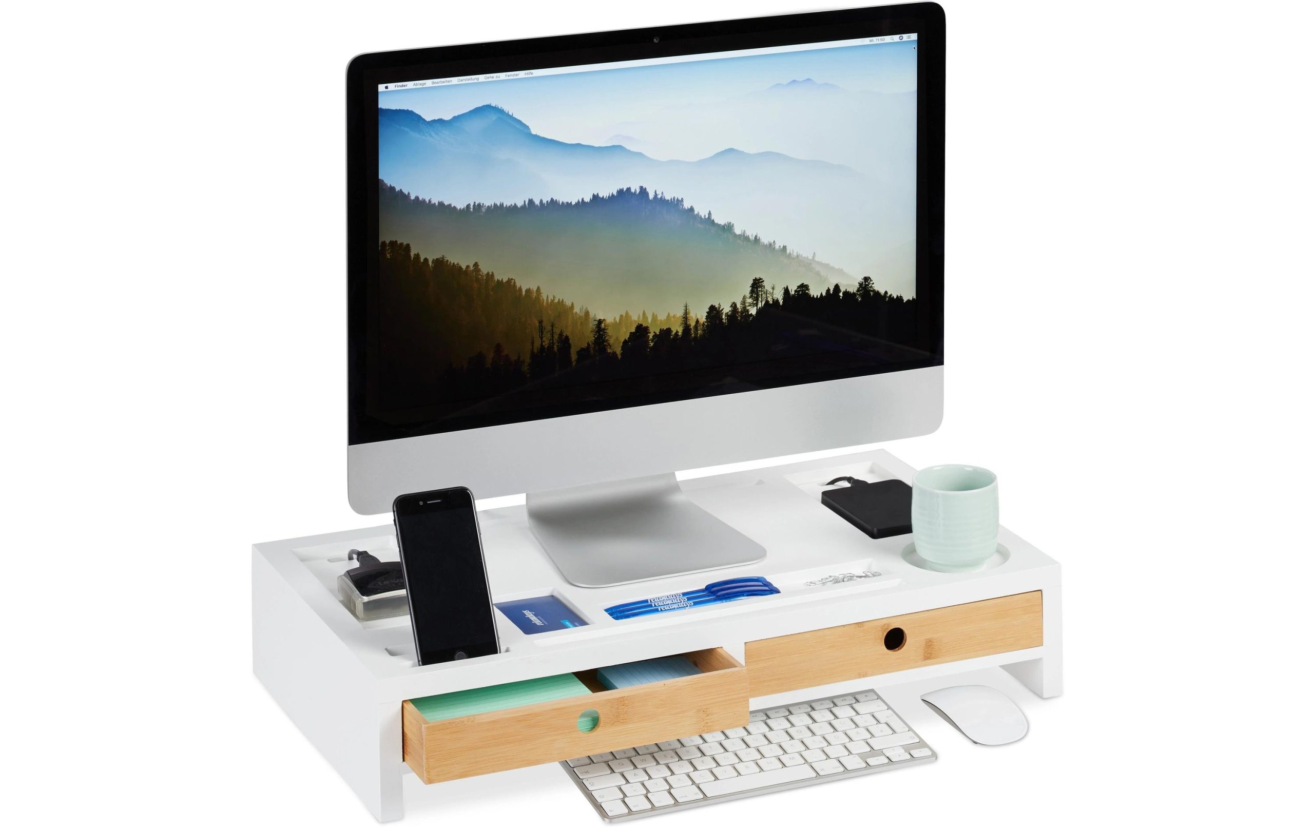 relaxdays Monitorständer XL, 11 x 58.5 x 32.5 cm, Weiss / Hellbraun 2 432893650 xxl3 scaled