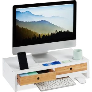 relaxdays Monitorständer, Bambus, Weiss / Hellbraun