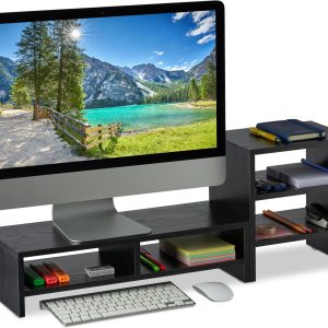 relaxdays Monitorständer mit Ablagen 28 x 75.5 x 20 cm, Schwarz